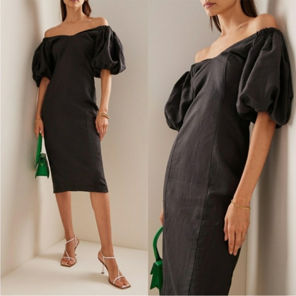 Mara Hoffman Dress Namari Midi Linen-Blend Puff Sleeve in Black